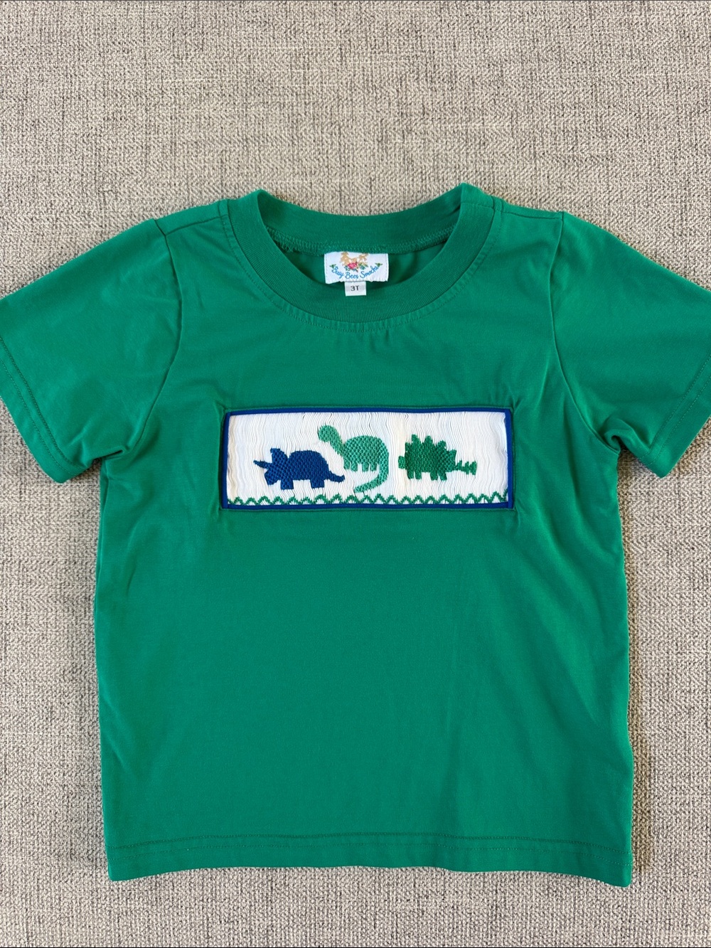 Green Short-Sleeve Kids Tee with Smocked Dinosaurs